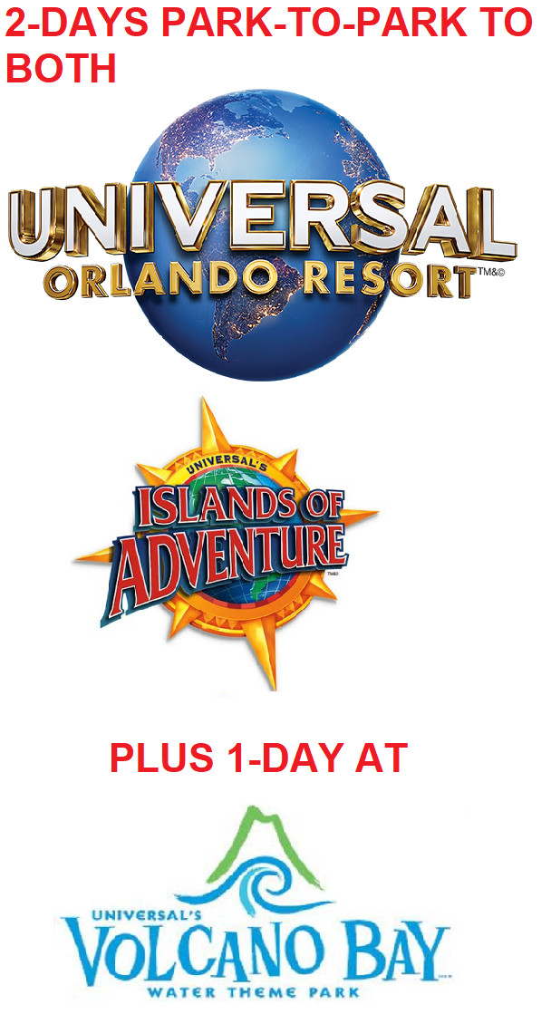 SAVE ON 5 UNIVERSAL STUDIOS ORLANDO 2 DAY 2 PARK P2P TICKETS W/1-DAY VOLCANO BAY