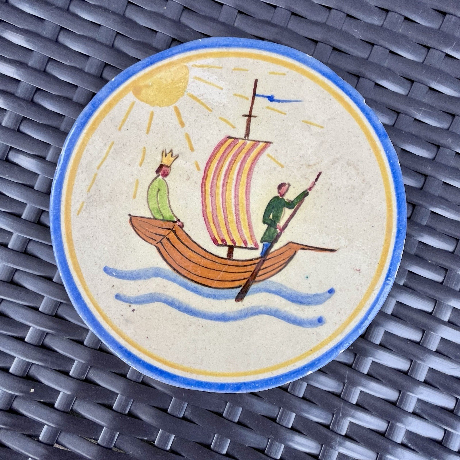 Made in Finland Ceramic Hand Painted Trivet Wall Hanging, Sail Boat King Vintage