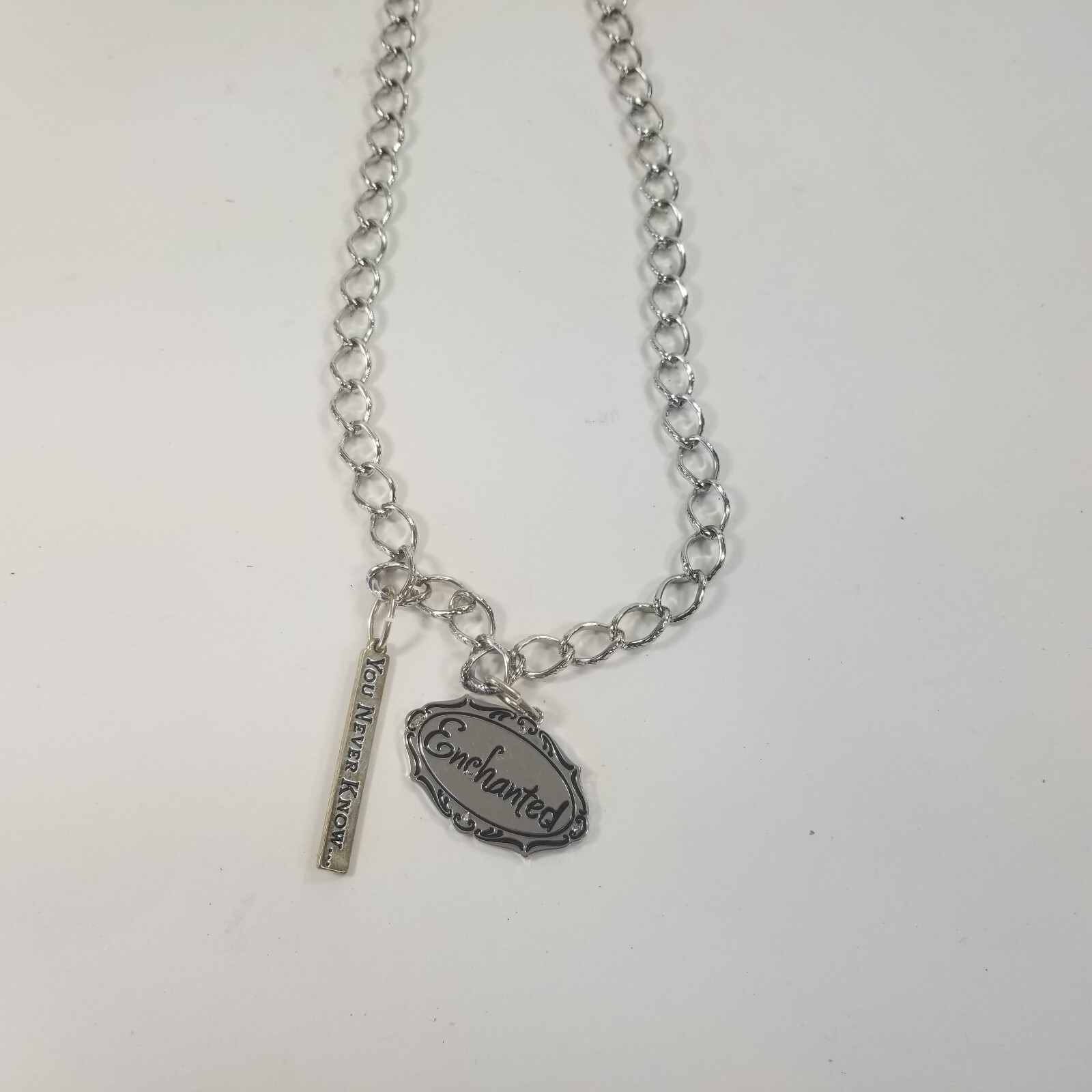 Silver Tone Link Necklace "Enchanted" "You Never Know" Charm Chain