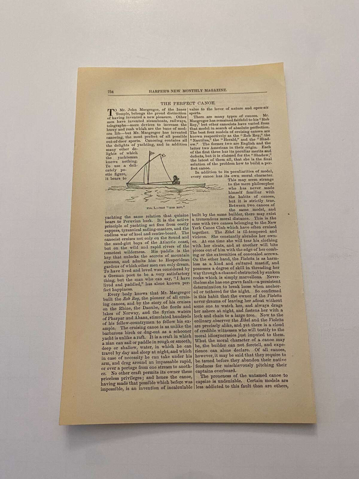 The Rob Roy Canoe Sailboat Sailing Vessel c. 1858 Engraving