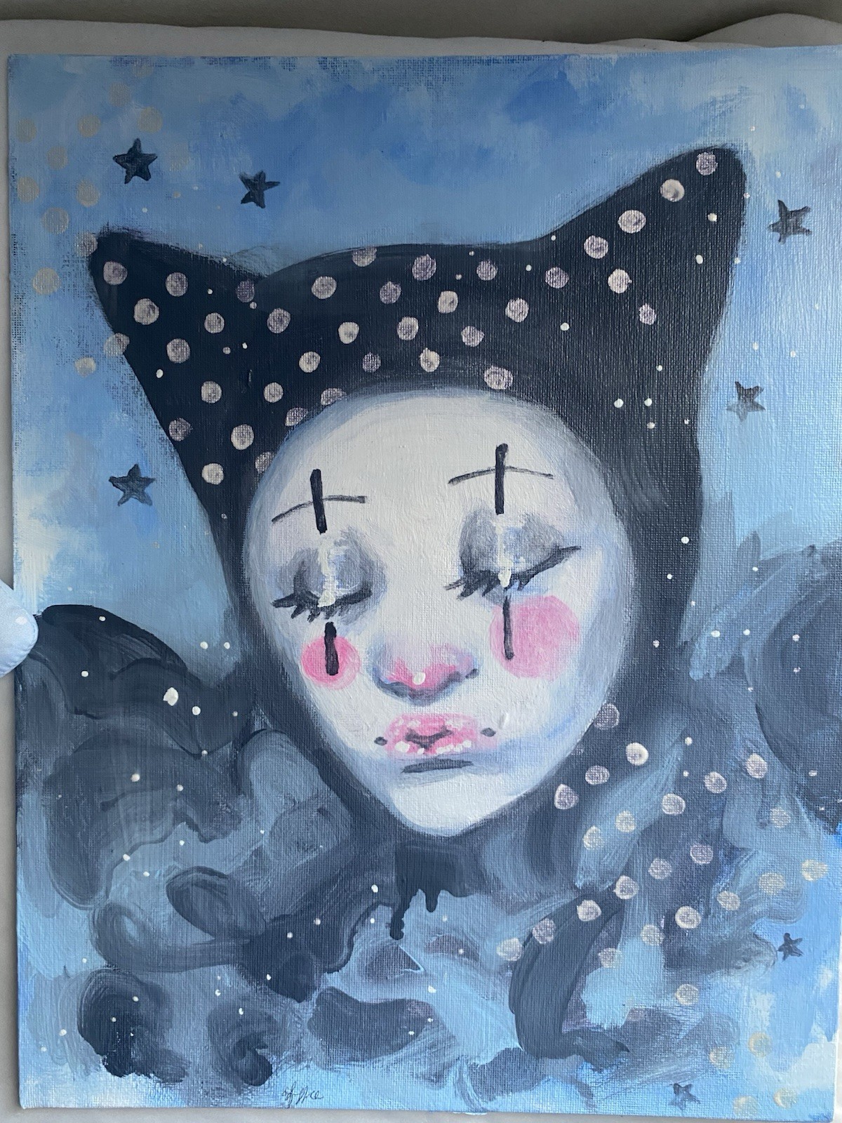 Blue And Gray Cat Clown Fantasy Painting On 11x14 Canvas Board