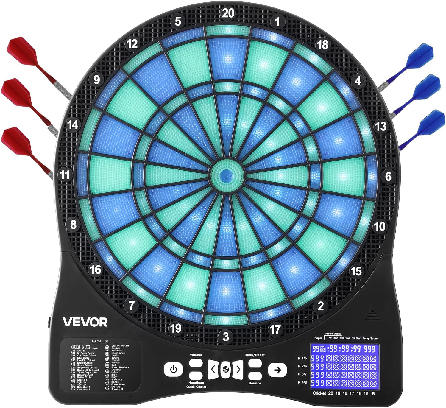 Electronic Dart Board, Led-Illuminated Target Dartboard with 48 Games & 500+ Var