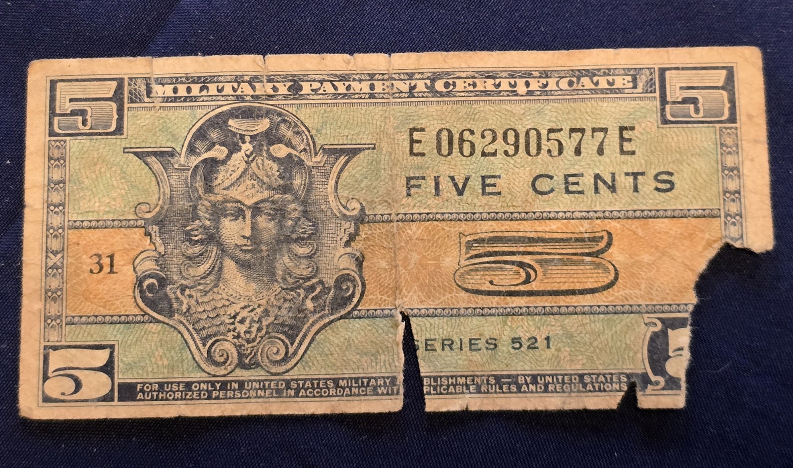 Series 521 5 Cents US Military Payment Certificate #31 PAPER CURRENCY **ROUGH**