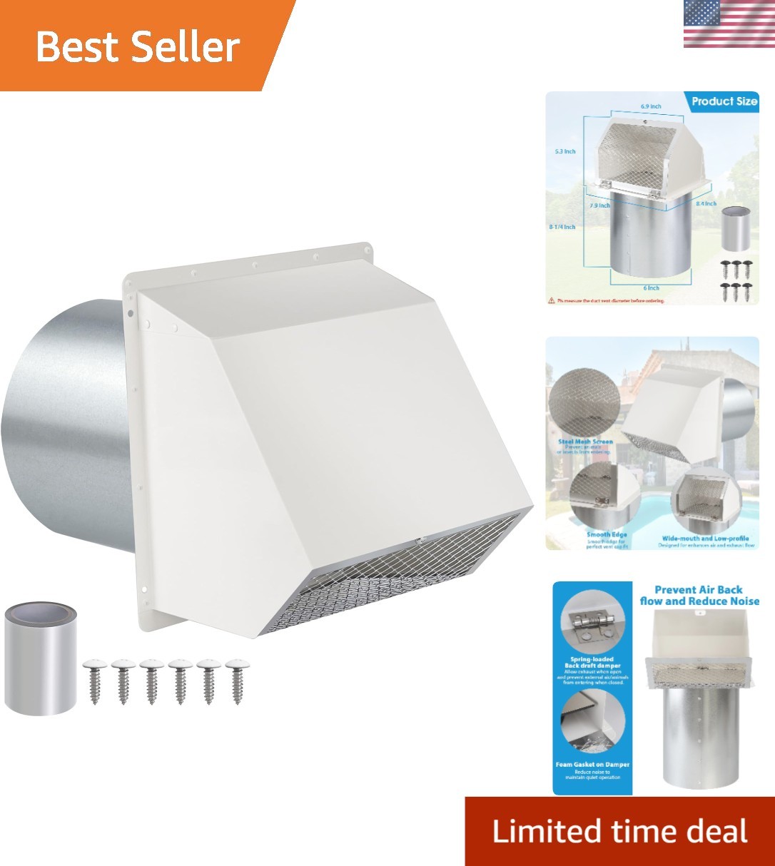 6 Inch Wall Vent Hood with Damper Screen Galvanized Steel Outdoor Exhaust Cover