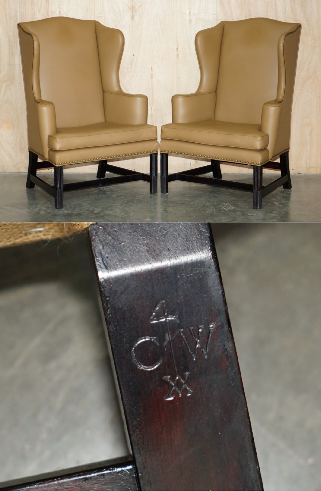 FINE PAIR OF ORIGINAL COLONIAL WILLIAMSBURG 4 CW XX STAMPED WINGBACK ARMCHAIRS