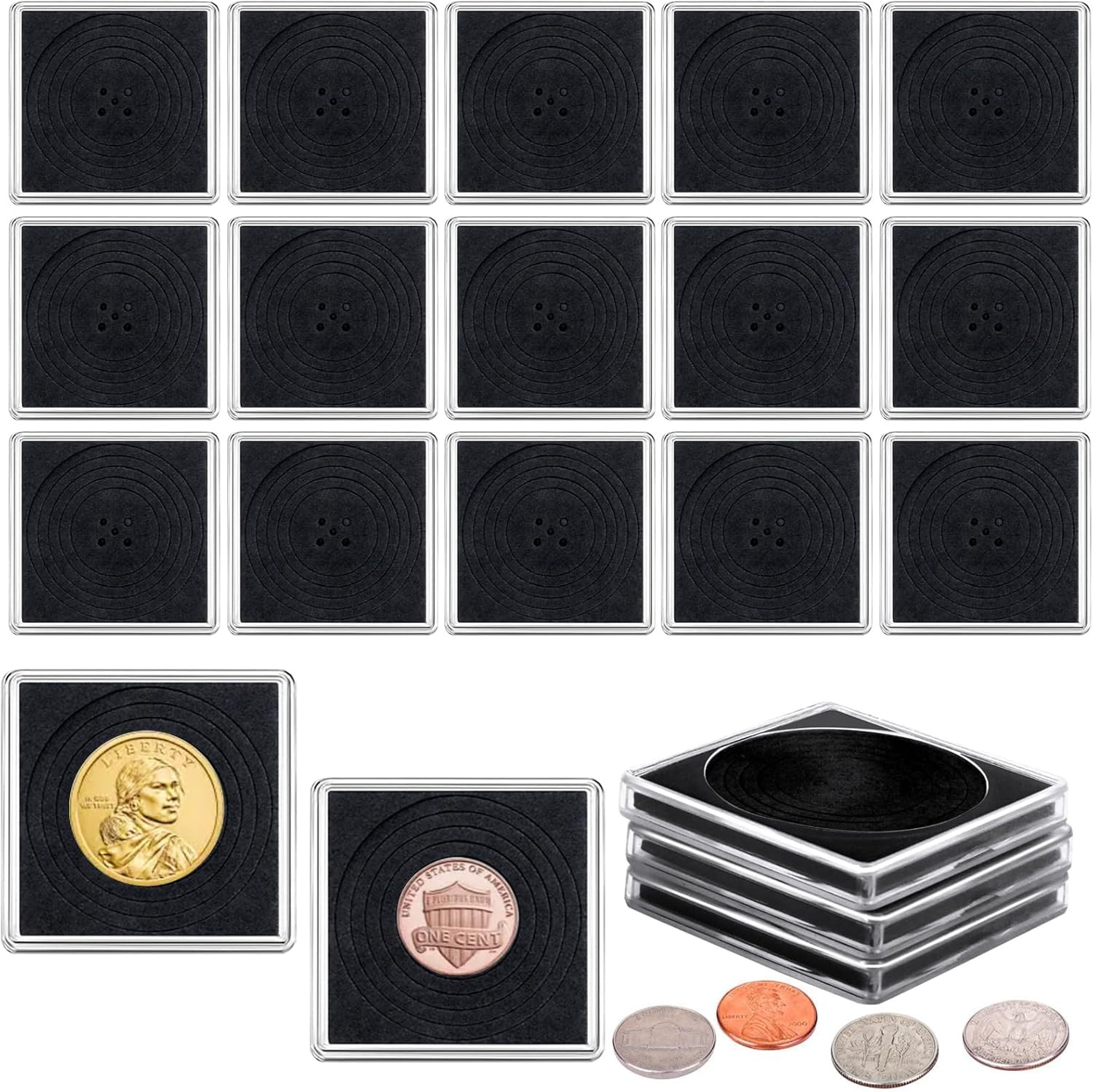 20 Pcs Adjustable Acrylic Coin Collection Cases with Sponges, Coin Snap Holder, 