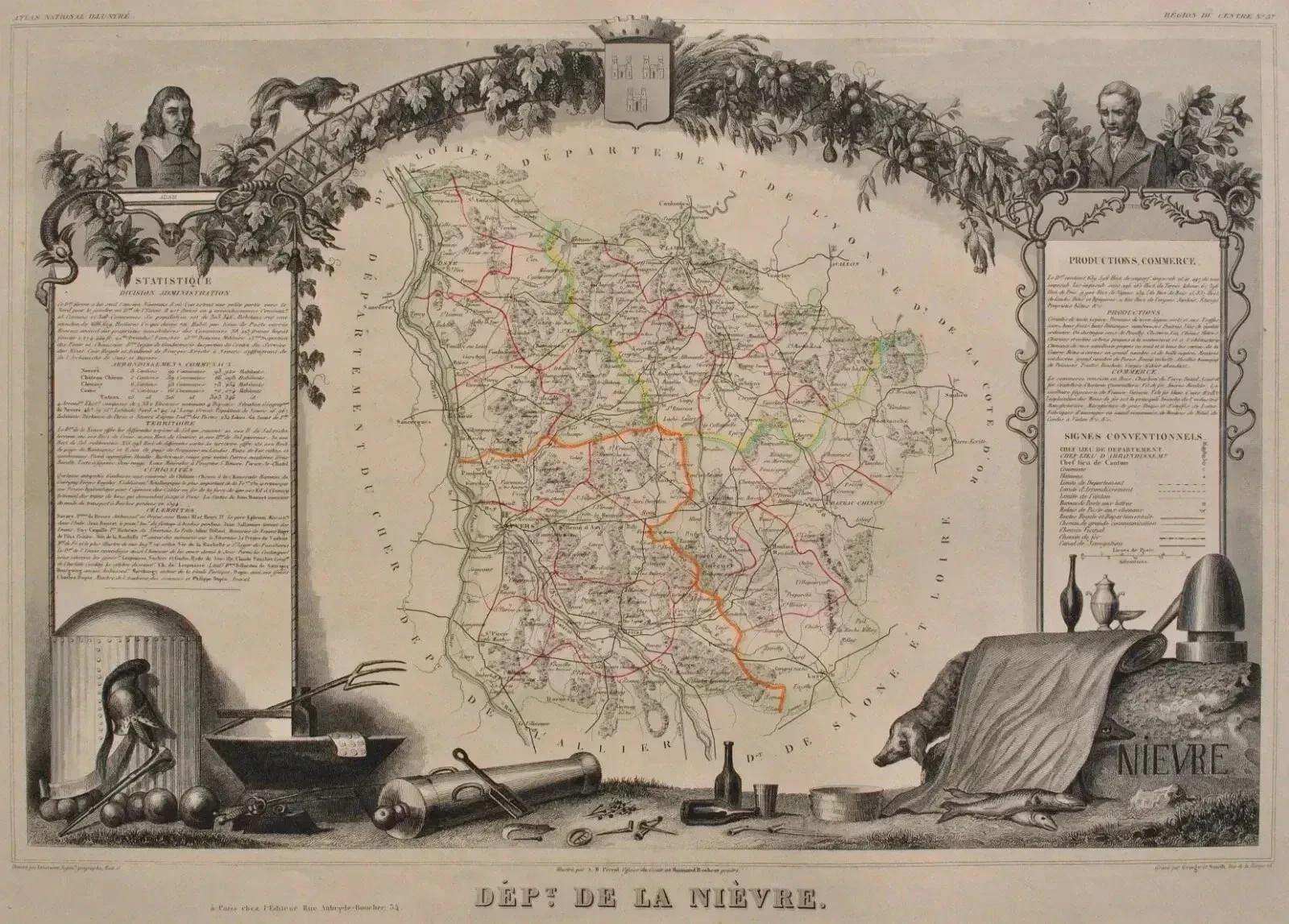 Victor Levasseur: Vintage Map of Nièvre + Boundaries, Original Engraving