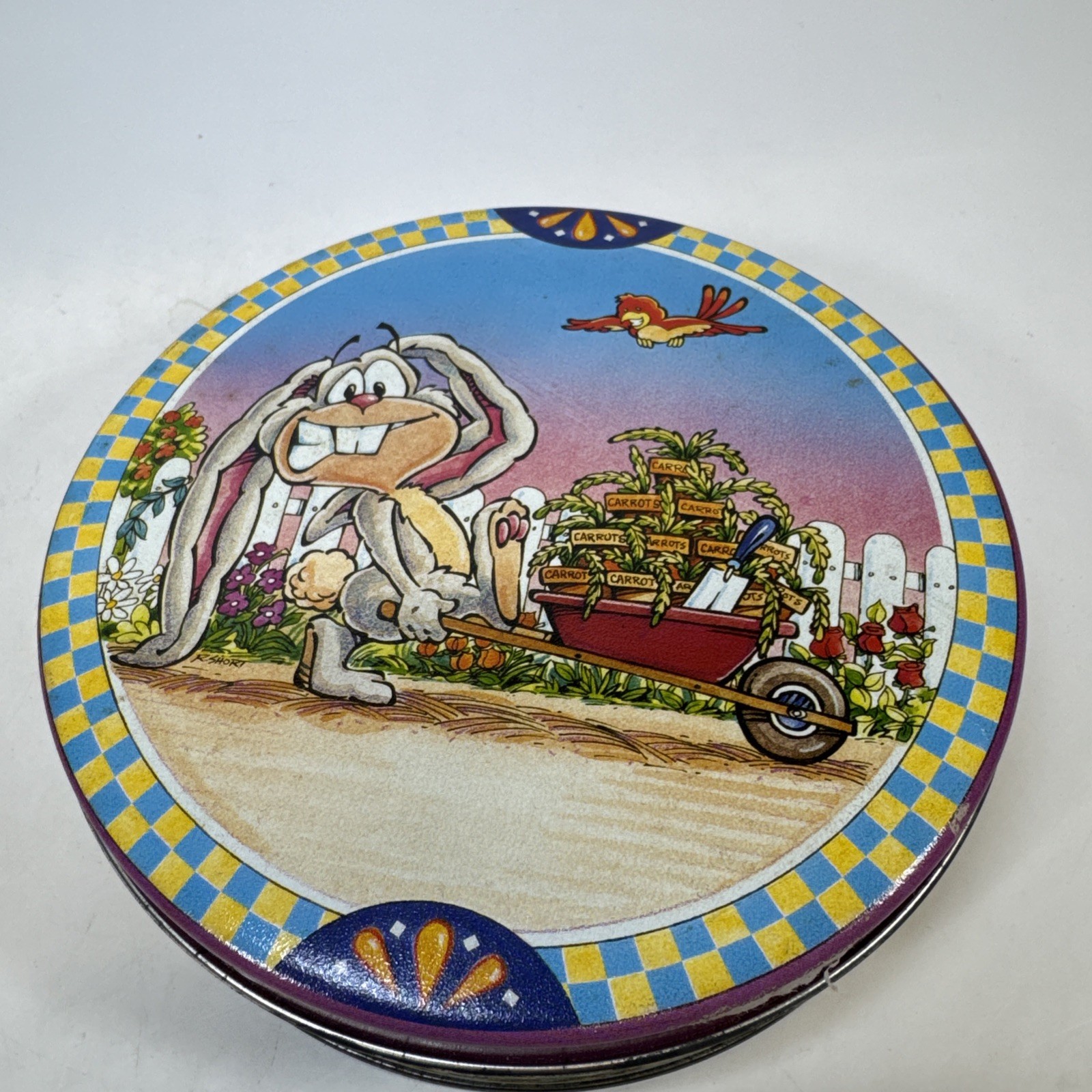 Vtg Round Tin Litho Funny Goofy Bunny Rabbit Container 6.5" diameter