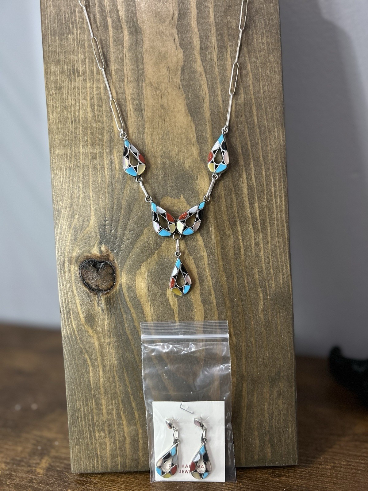 Vintage Zuni Made Inlay Necklace and Earring Set Sterling Silver