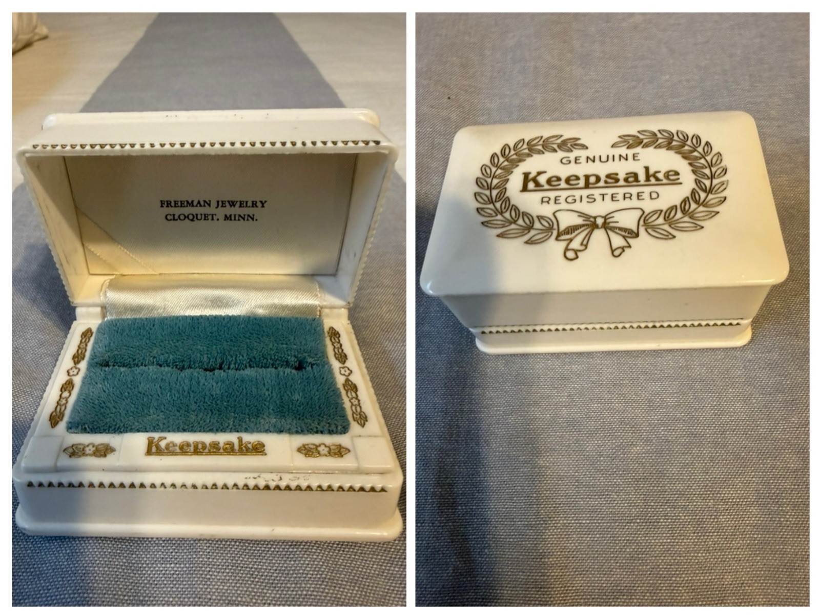 Vtg Ring Box Blue Velvet Wedding Set Jewelry Display Old Plastic MCM