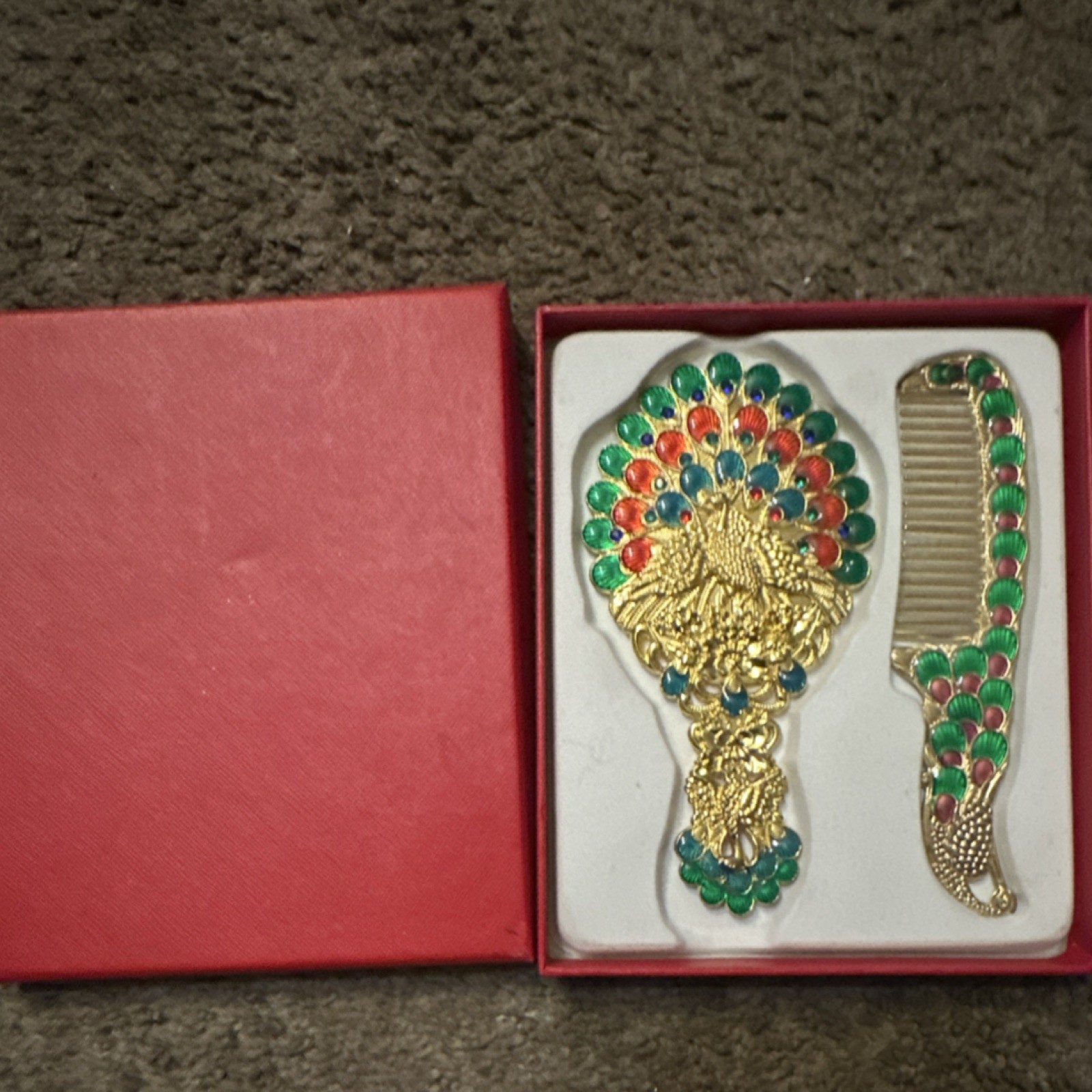 Peacock Gold-Tone Hand Mirror & Comb Set with Red Green Accents Gift Box