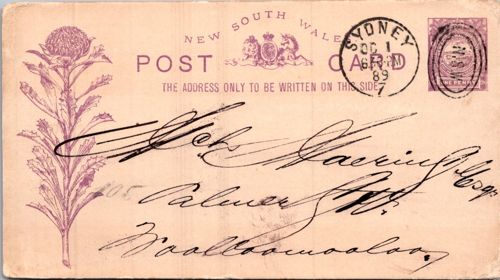 AUSTRALIA 1889 NEW SOUTH WALES POSTAL STATIONERY POSTCARD ADDR & POSTMARK SYDNEY