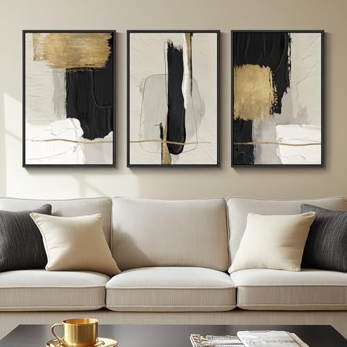 Framed Black and White Abstract Wall Art, 3 Piece 16" W x 24" H x 3Pcs Block