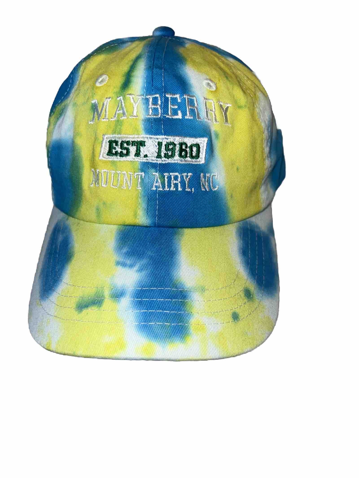 Mayberry Est 1960 Mount Airy NC Hat Cap Blue Yellow White Tie Dye Strap Buckle