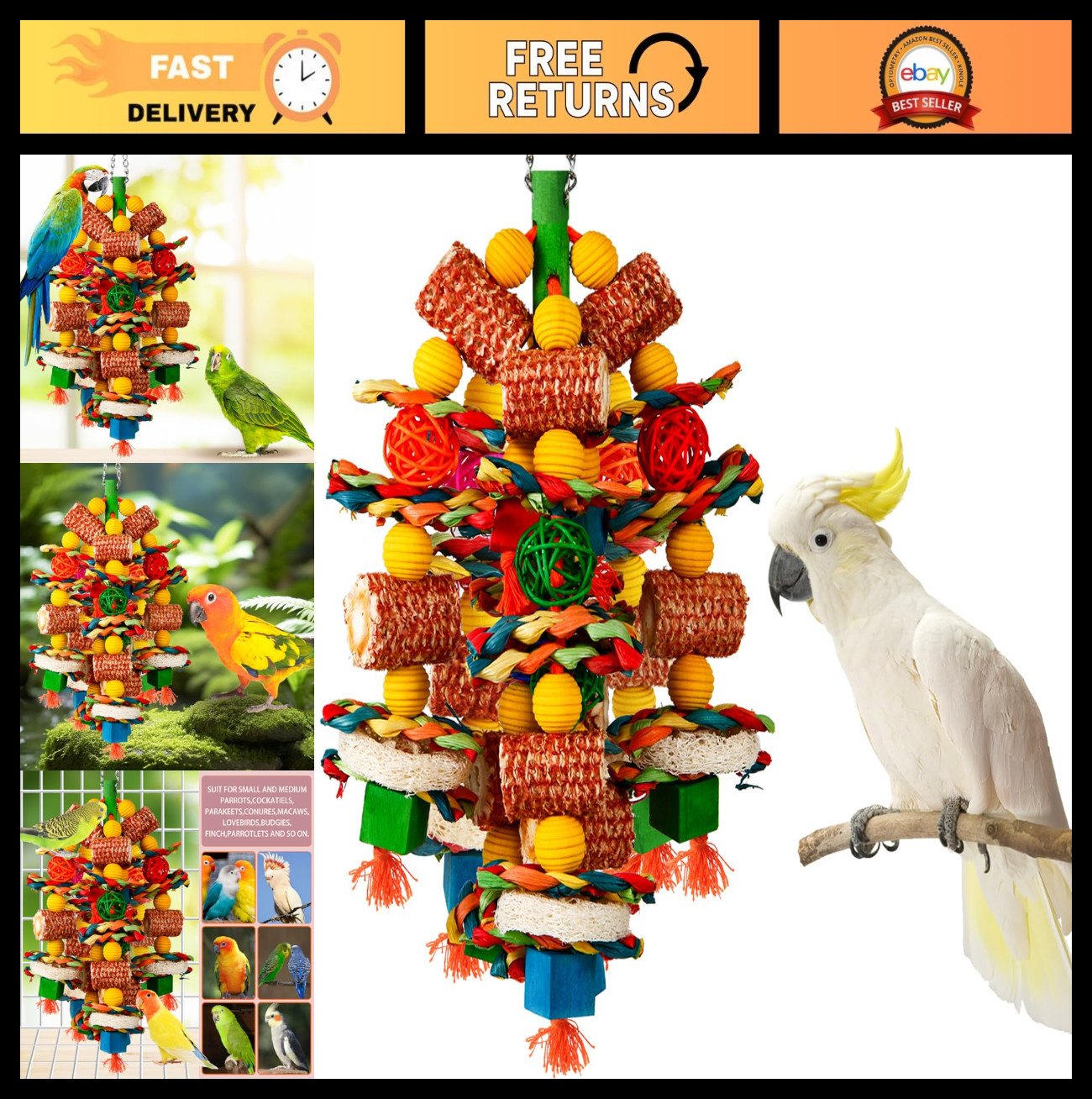Colorful Bird Chew Toys for Large Parrots - Natural Corn Cob & Loofah Slices