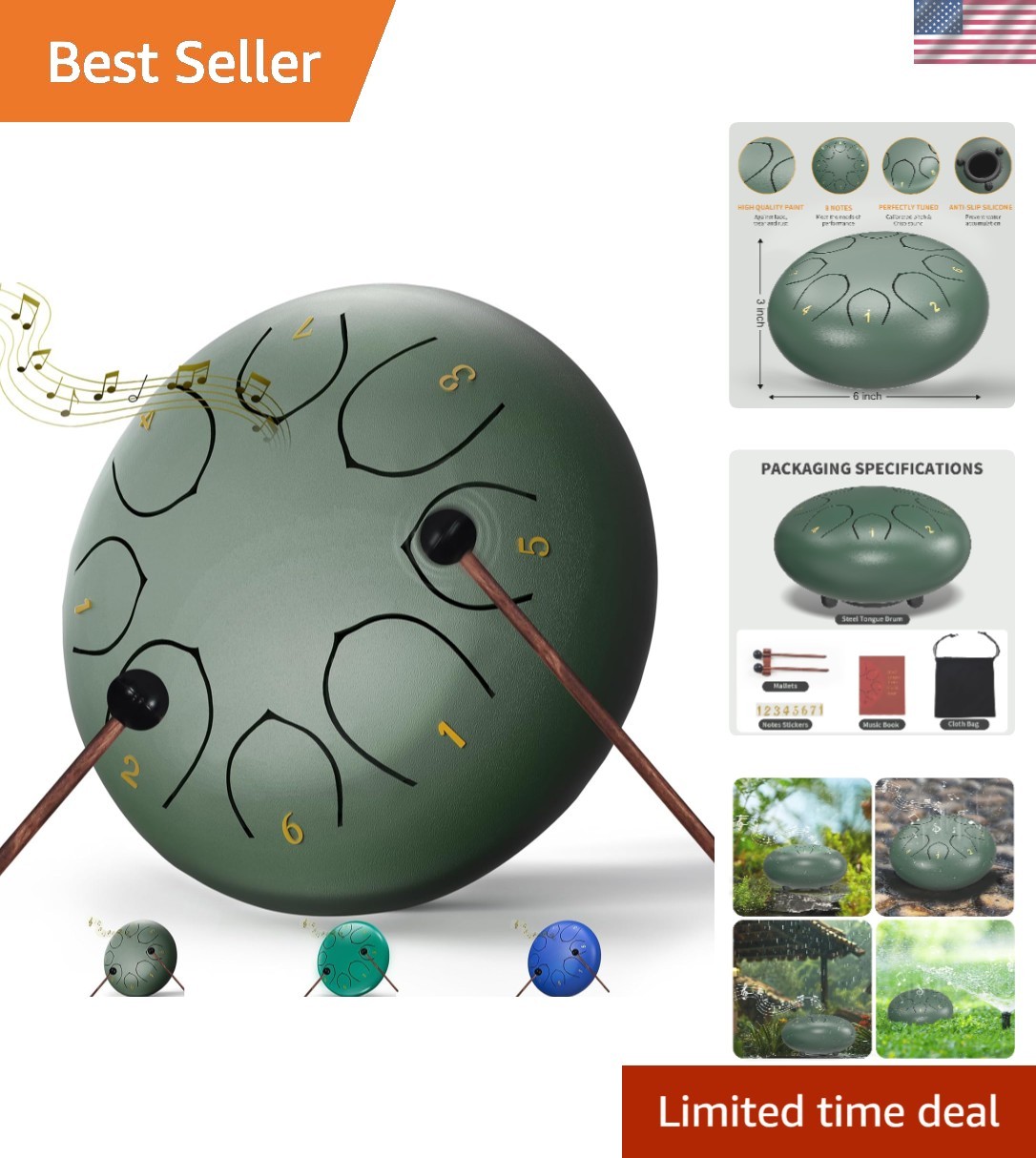 Rain Drum for Outside Garden, 6 Inches 8 Notes Steel Tongue Chakra Drums, Wat...