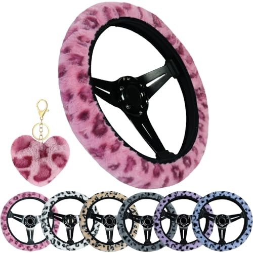 Leopard Steering Wheel Cover with Keychain, Elastic Fuzzy Fur Cheetah Car Pink