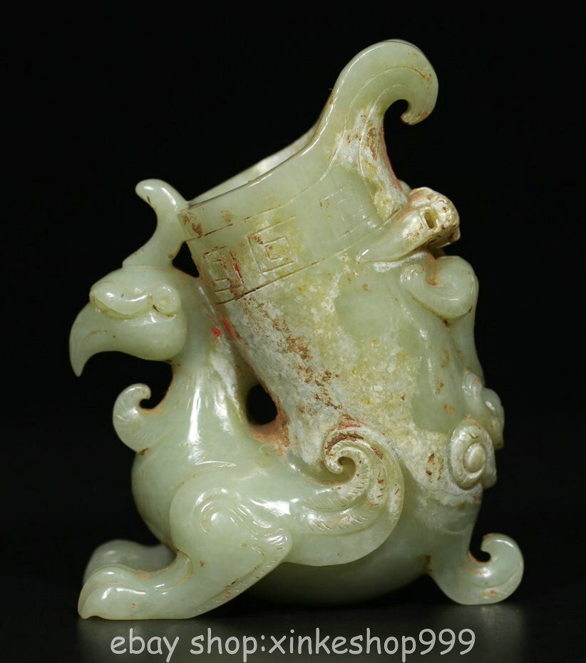 3.8" Chinese Natural Hetian White Jade Carving Phoenix Bird Zun Statue