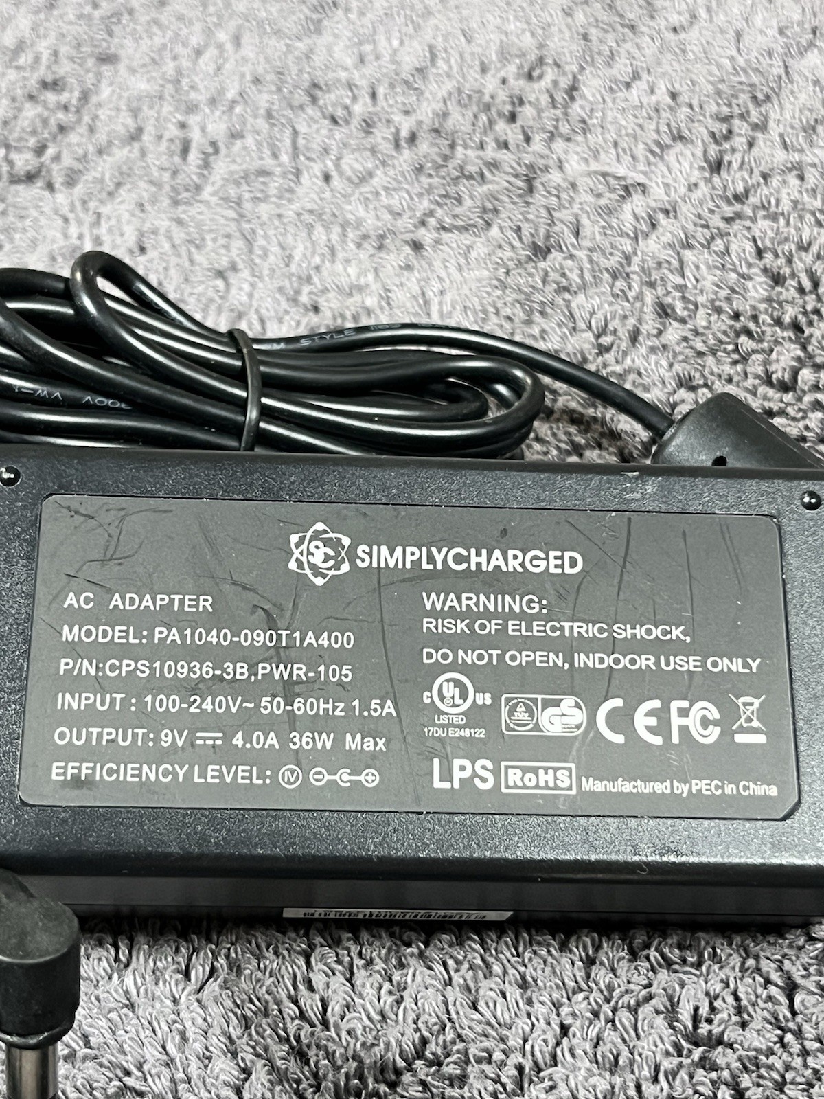 SimplyCharged PA1040-090T1A400 36W AC Adapter P/N:CPS10936-3B 9V 4.0A- TESTED
