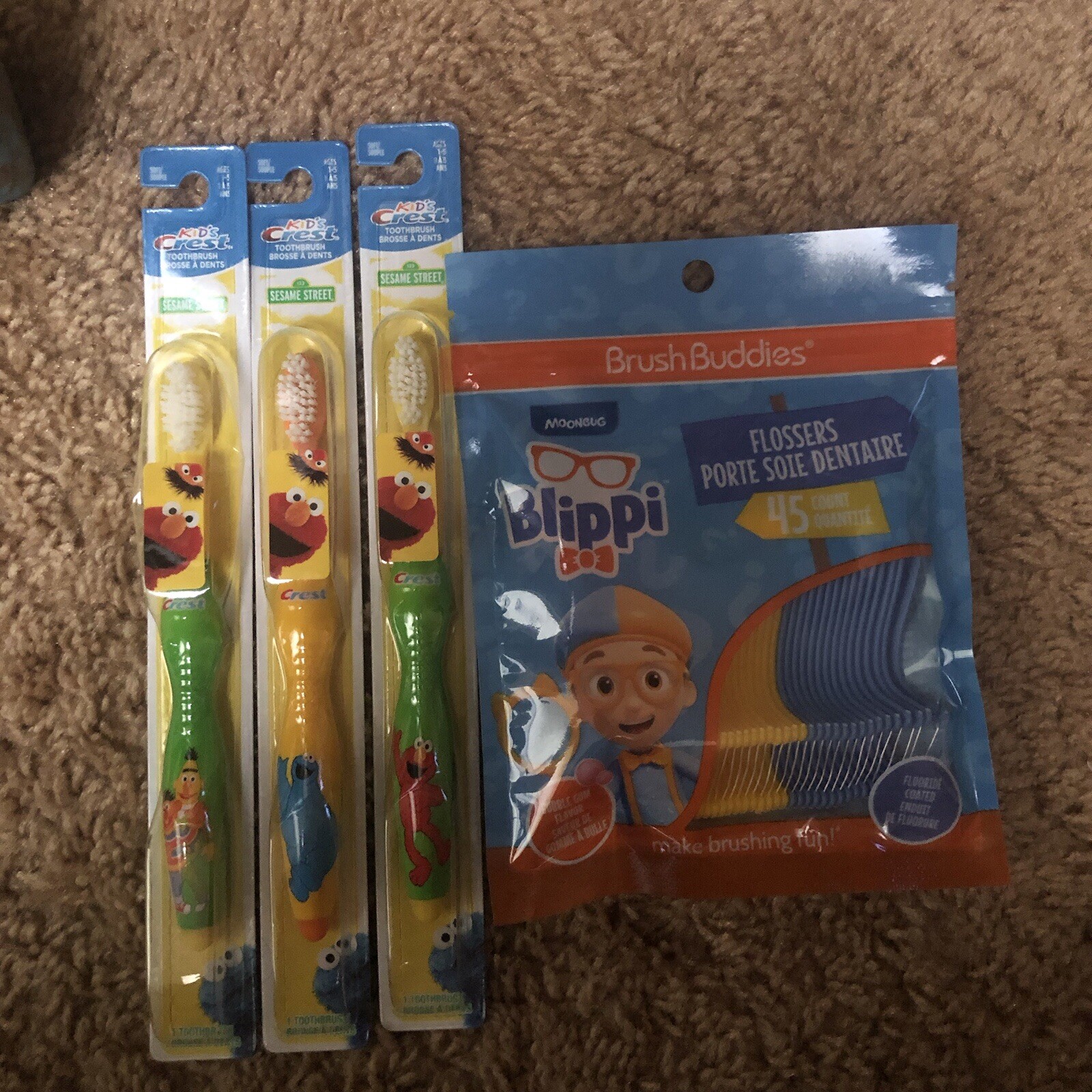 Bundle Of 3 Kids Crest Soft Toothbrushes And Blippi Flossers (45count)