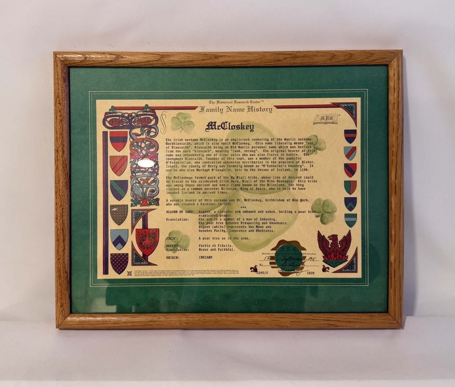 McCloskey Family Name History The Historical Research Center Framed and Signed