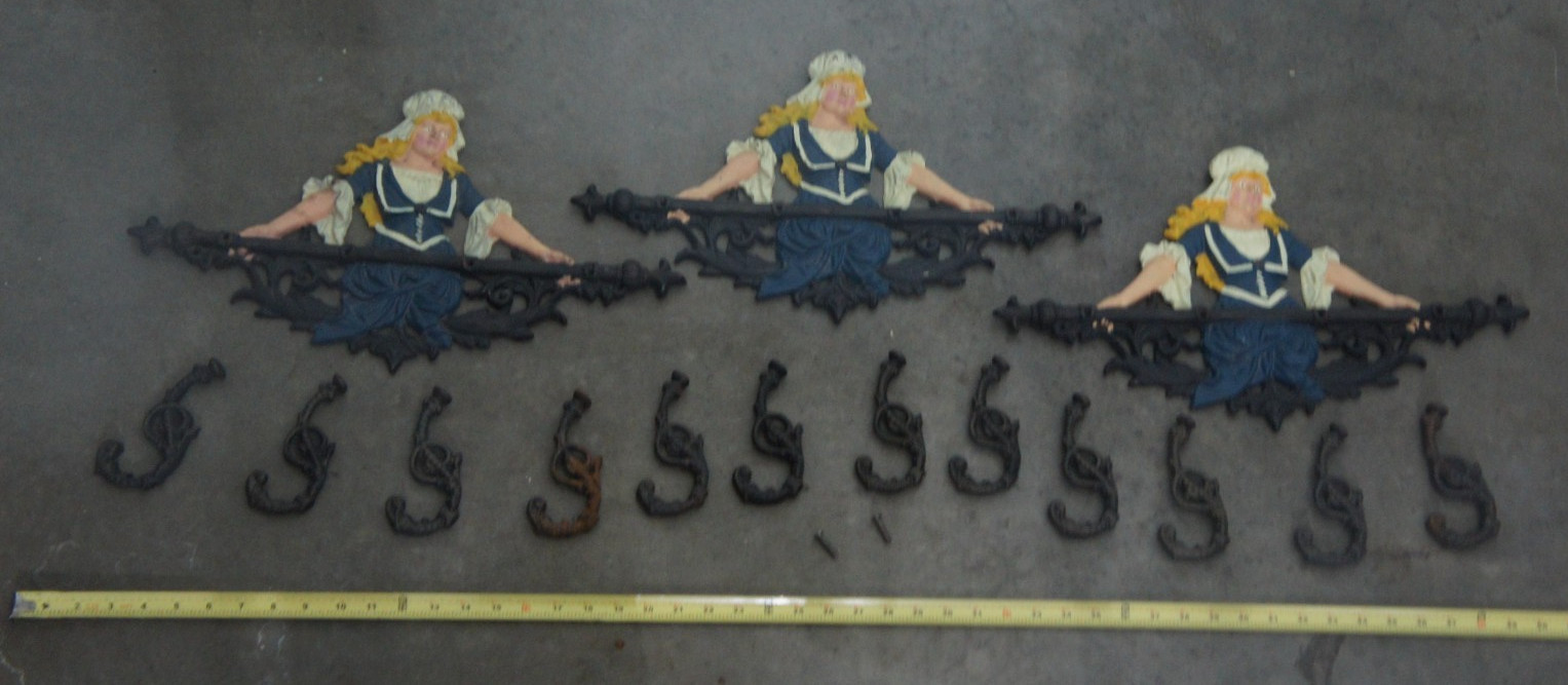 Vtg Cast Iron 4-Hook Wall Mount Coat Hanger Rack French Style Maiden - Lot of 3