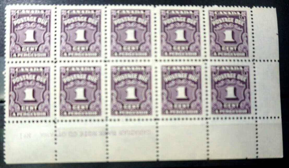 Canada superb #J15 Plate #1 block of 10 MNH Rare
