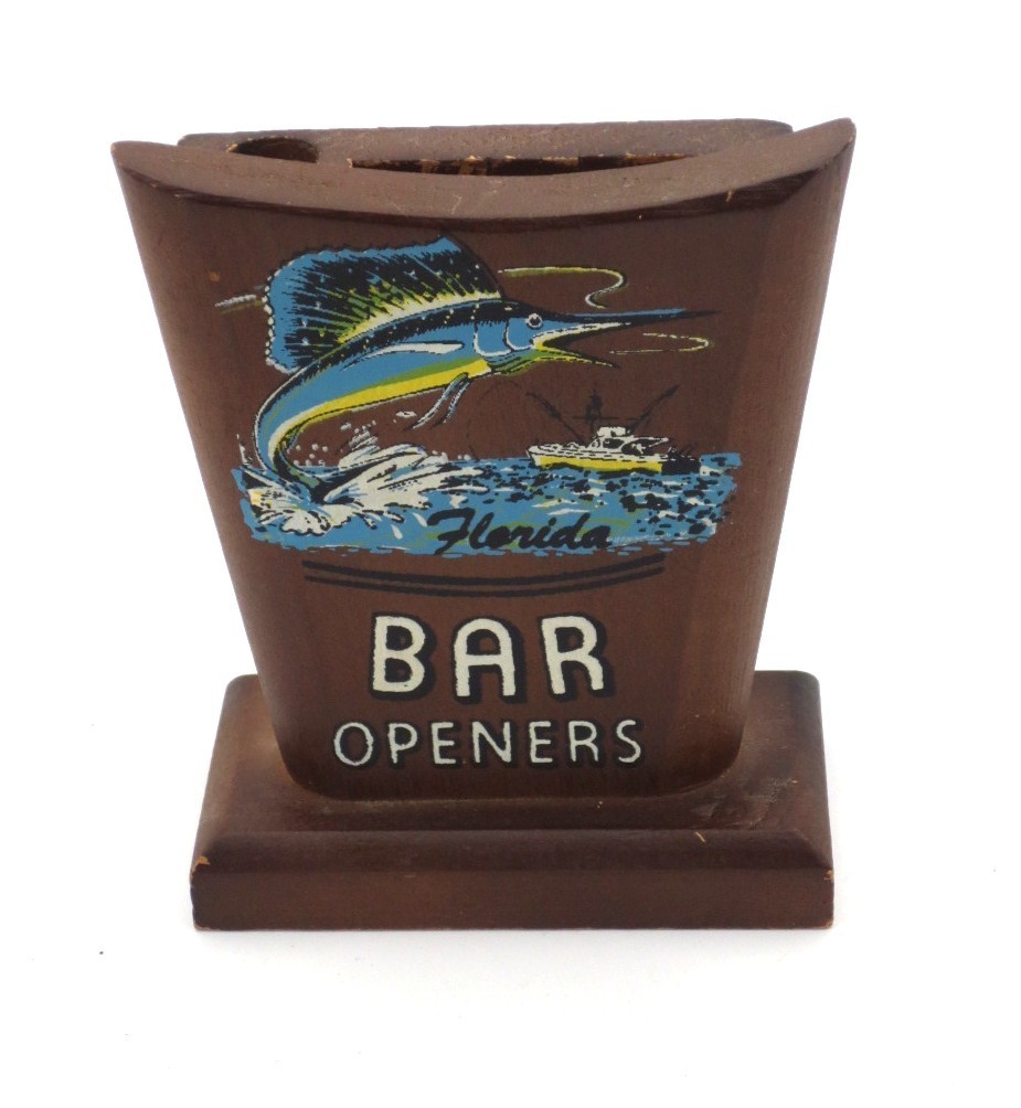 VINTAGE FLORIDA SOUVENIR WOOD "BAR OPENERS" BAR ACCESSORIES HOLDER (MADE JAPAN)