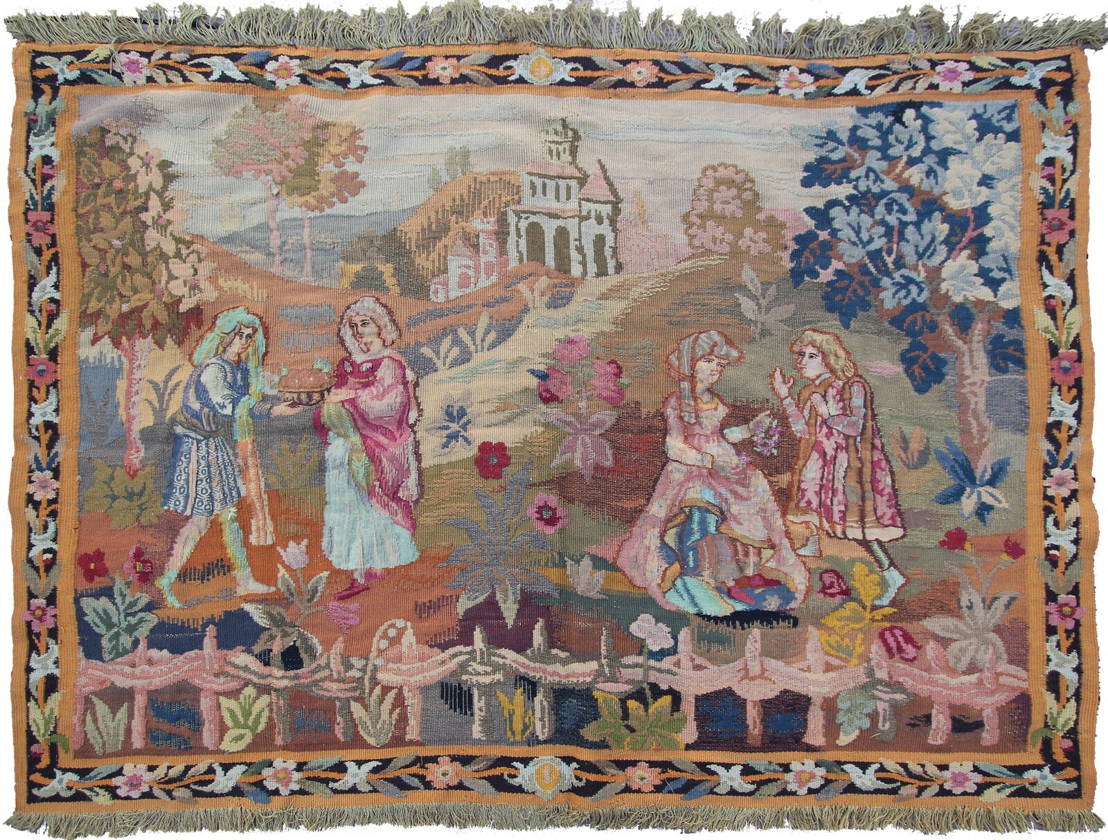 4x5 Antique French Celebration Scene Tapestry Handmade Wall Art 104x155cm c.1920