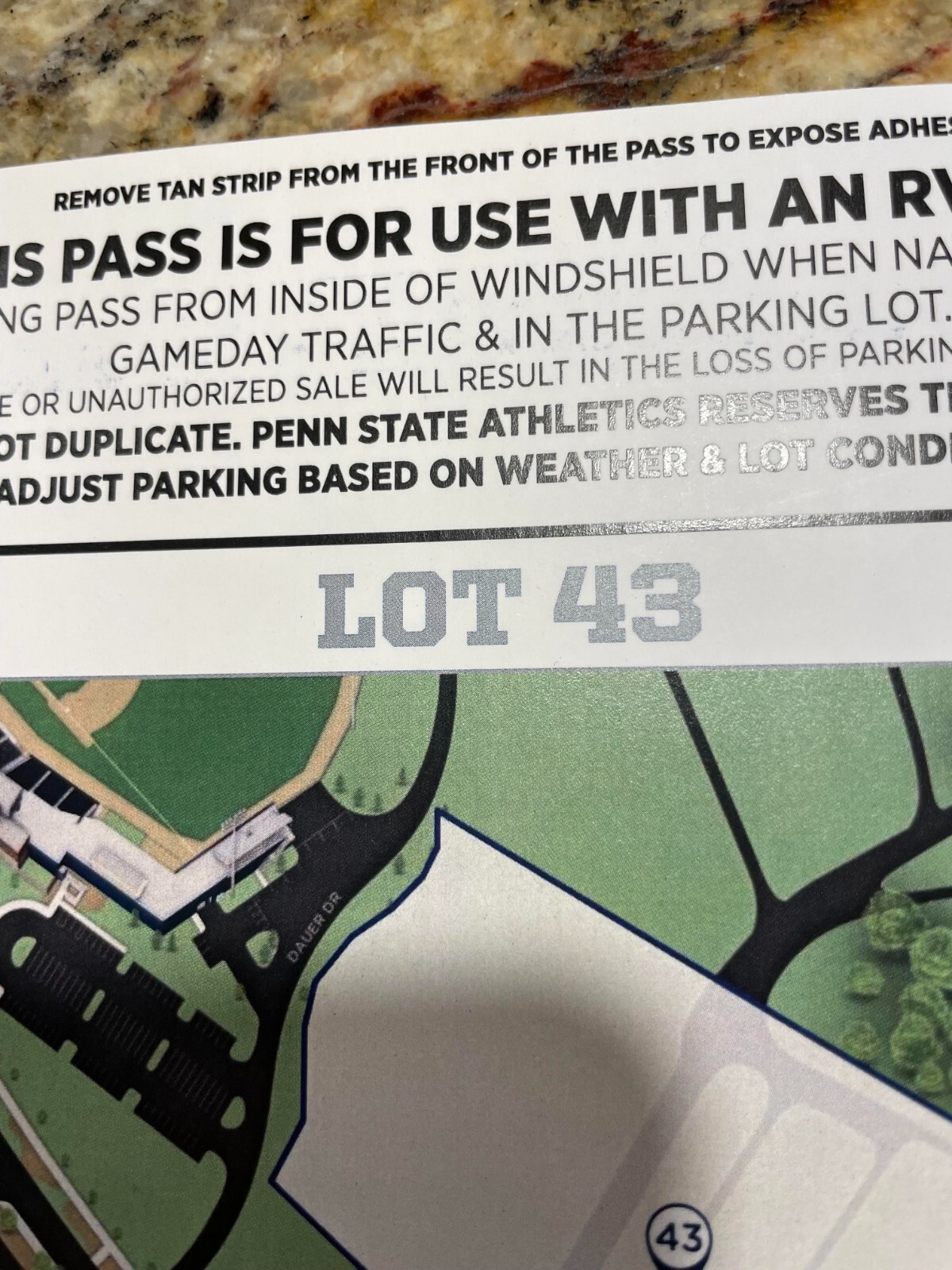 Penn State Vs. Ohio State Football RV Parking Pass Lot 43 for 10/29/22 Game