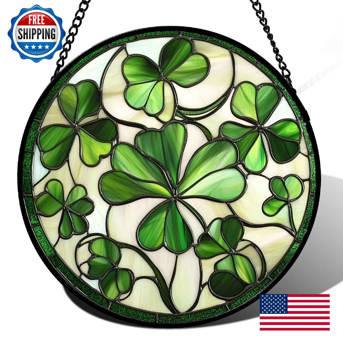 CRISGIF Stained Glass Clover Suncatcher Window Hanging - Ireland Green Lucky