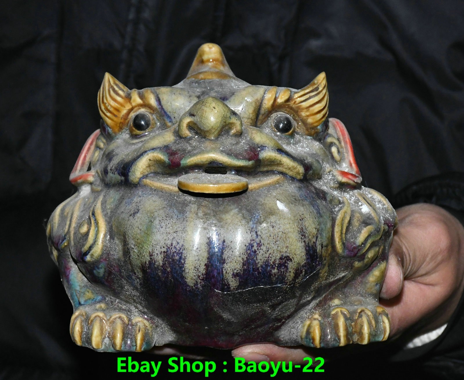 7.1''Old Chinese Shiwan Porcelain Wealth Money Coin Golden Toad Spittor Statue
