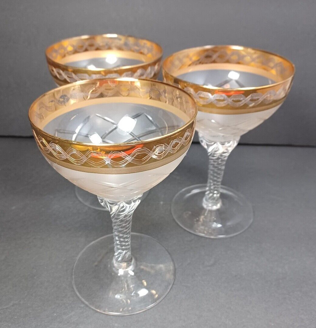 Vtg Crystal Champagne Glass Patterned Gold TrimSwirl Stem Set of 3 Replacements