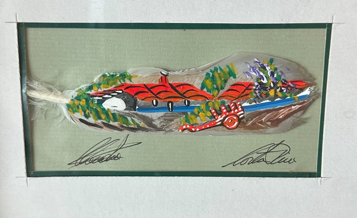 Framed Hand Painted Feather of Village with Cart, Signed 8 x 10