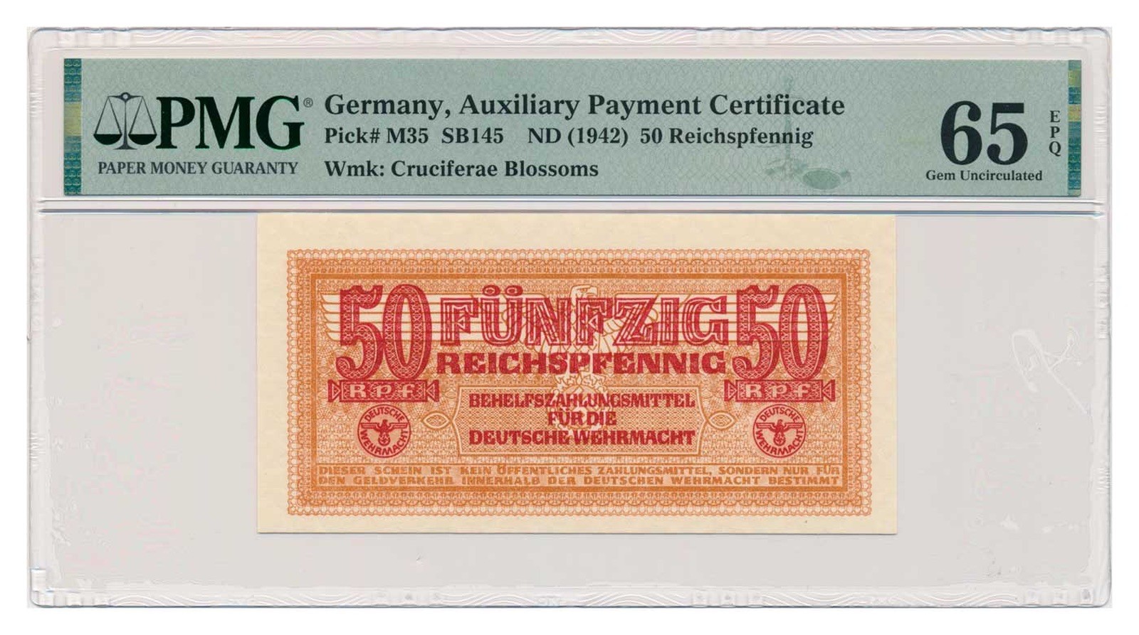 GERMANY banknote 50 Reichspfennig 1942 PMG MS 65 EPQ Gem Uncirculated