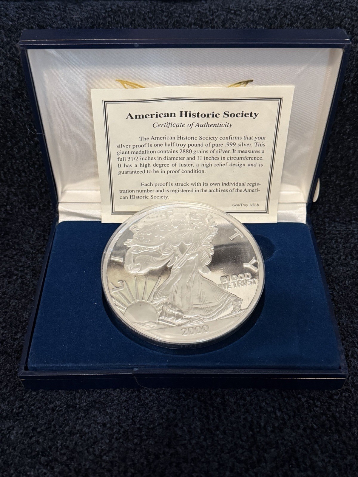 .999 1/2 Troy pound (6 ozt) Silver, ASE Round Medallion by AHS, year 2000