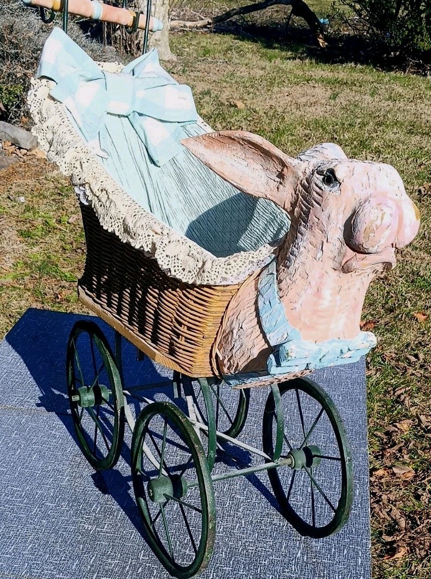 Antique Doll Stroller Pram Rabbitt Bunny Head Wicker Basket Iron Base fabric int