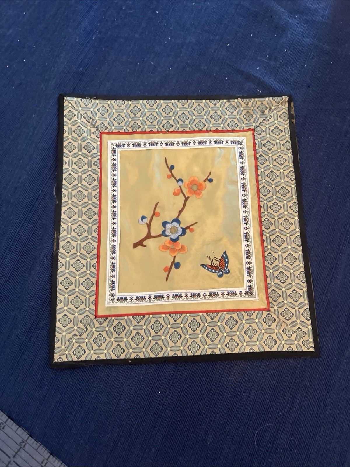 Bird Butterfly Fabric Embroidered Wall Art Floral Panel 10"x11.5"