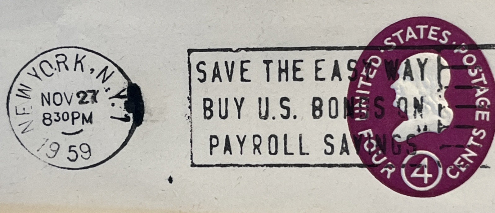 1958 Franklin 4cent Embossed USPS Cancelled #U536