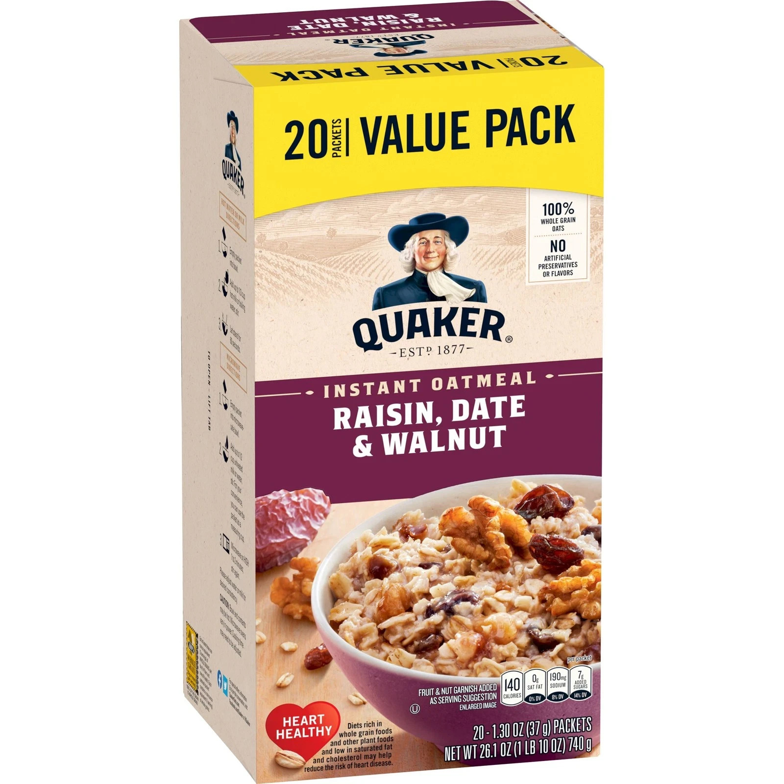 Quaker, Instant Oatmeal, Raisin, Date and Walnut, 1.30 Oz, 20 Packets...