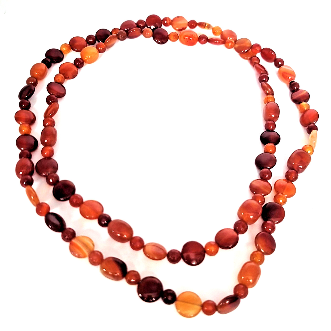 Natural Carnelian Bead Necklace 50" Opera Length 157g Metallic Rope Cord - SB5