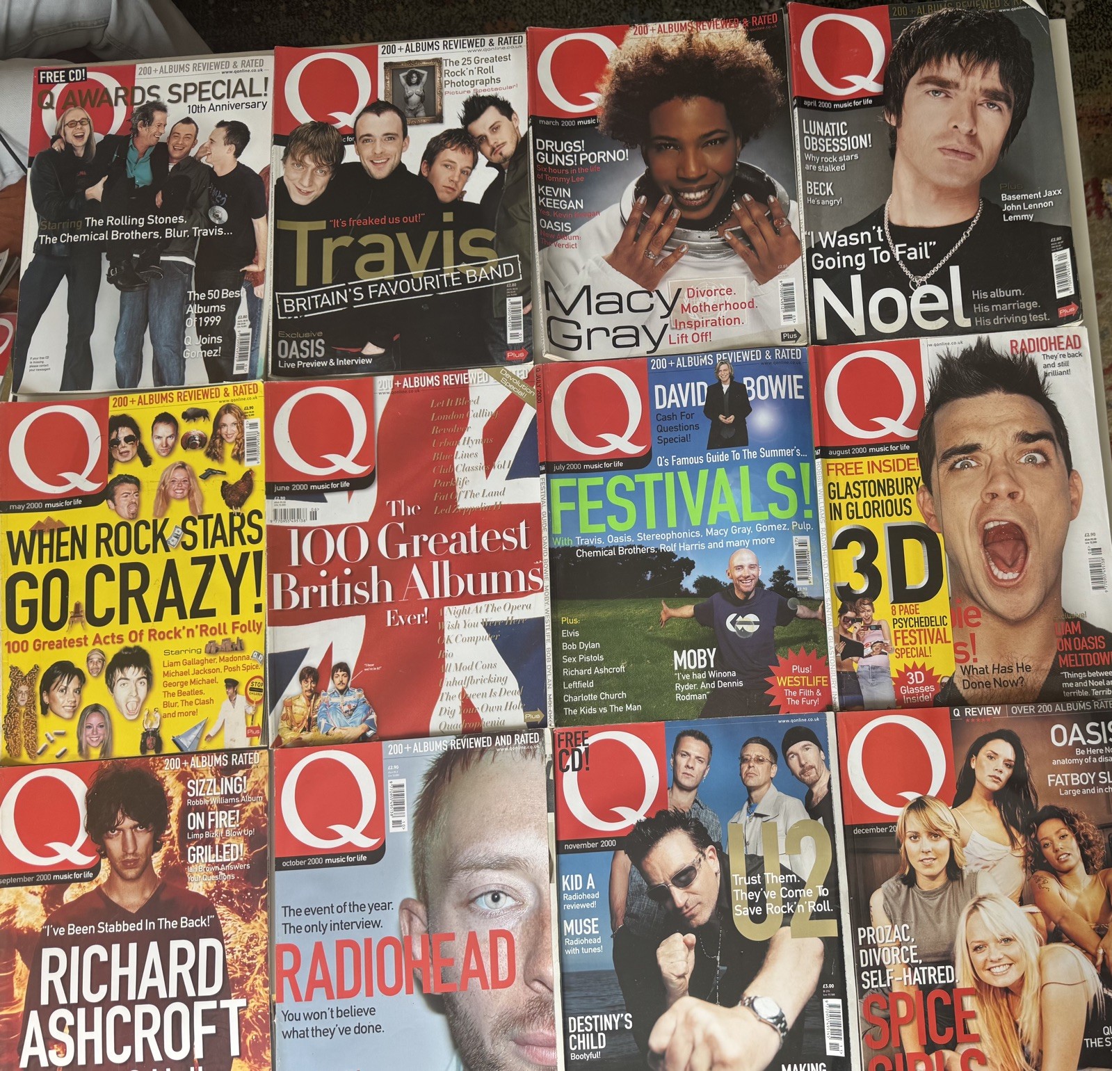 Q magazines Jan - Dec 2000. Issues 160-171, Robbie, Oasis, Richard Ashcroft