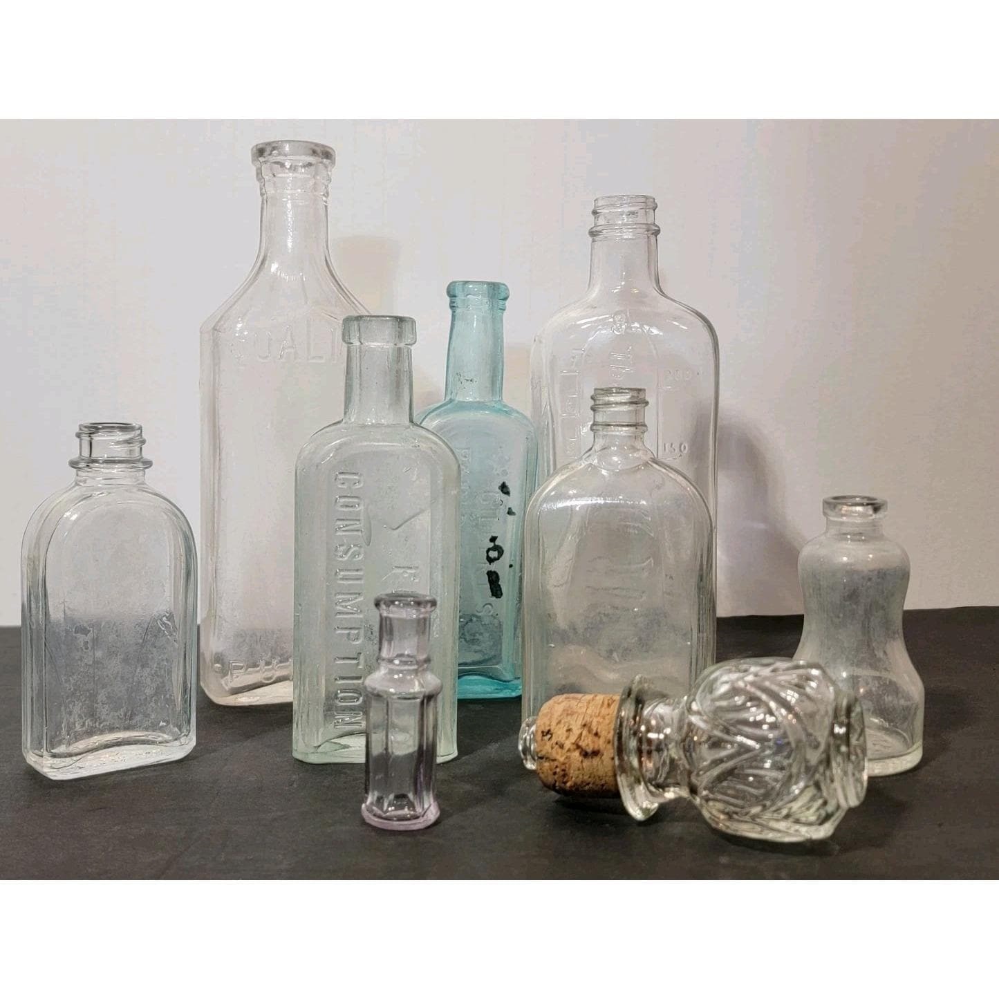 Vintage 8 Glass Medicine, Elixir Bottles Purple, Blue, Gilberts, Rexall Lotion