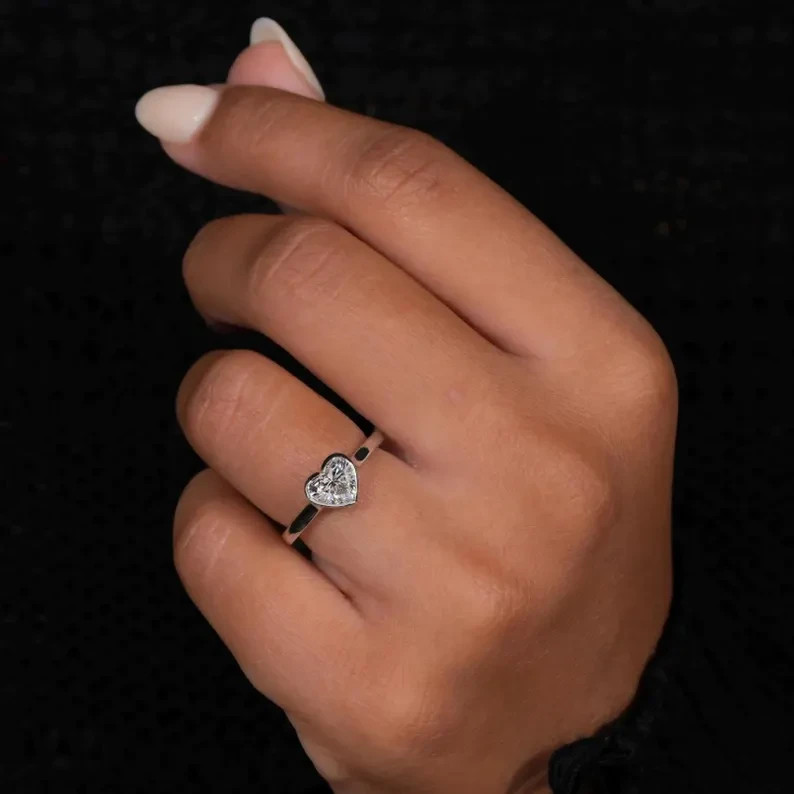 Heart Simulated Diamond Bezel Set Minimal Engagement Ring Anniversary Ring Gift