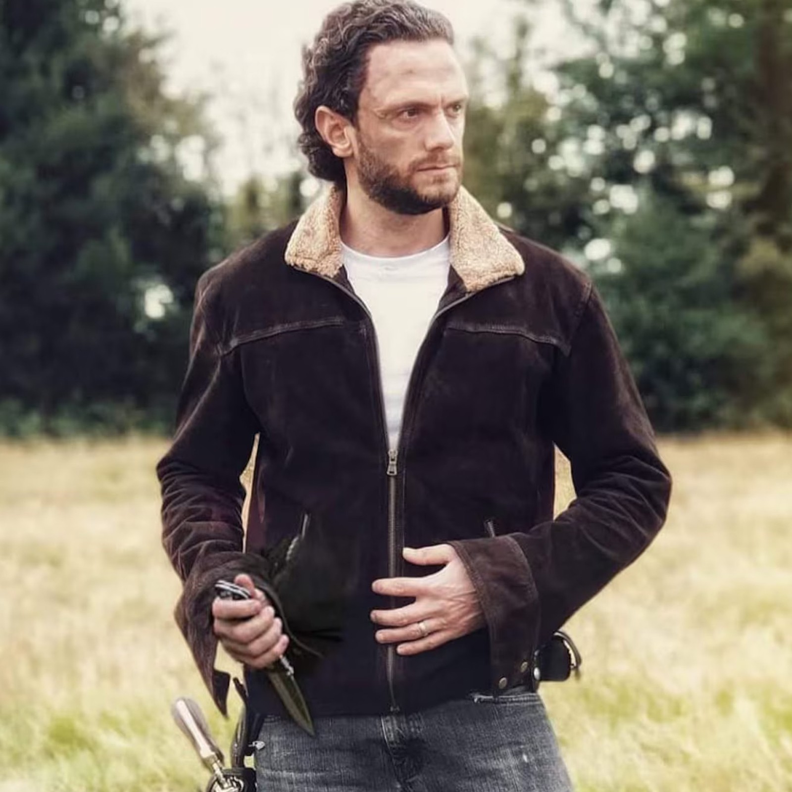 Rick Grimes Inspired Brown Suede Jacket Walking Dead Style Shearling Collar Lea