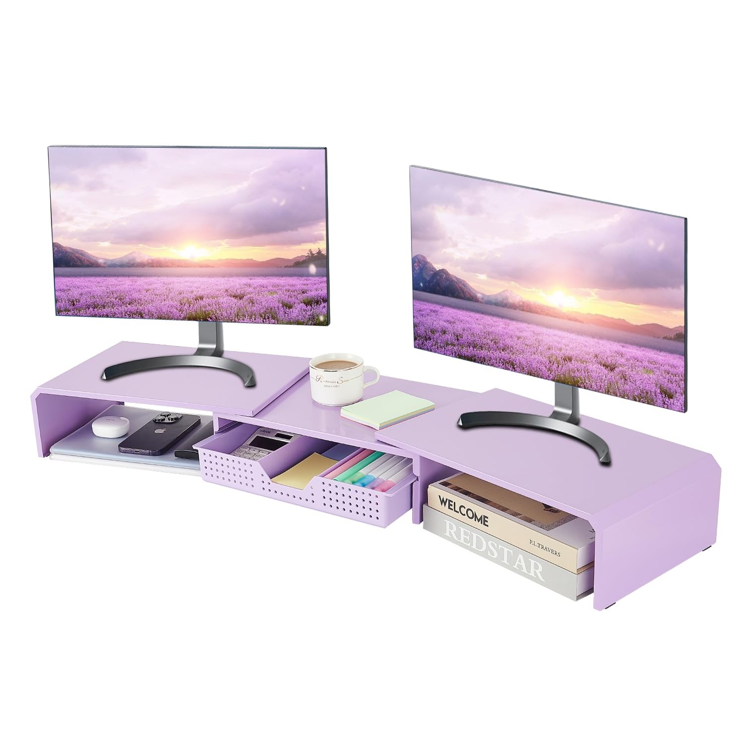 Dual Monitor Stand Riser with Drawer, Desk Organizer and Accessories, Metal L...