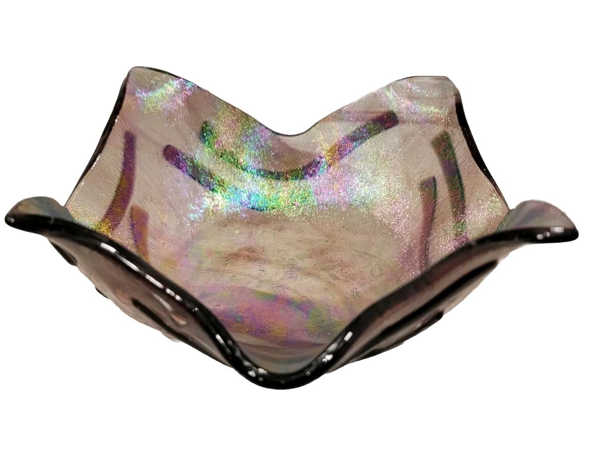 Art Glass Bowl Jobear Handerchief  Amethyst W/Iridescent Inside Signed Jobear 04