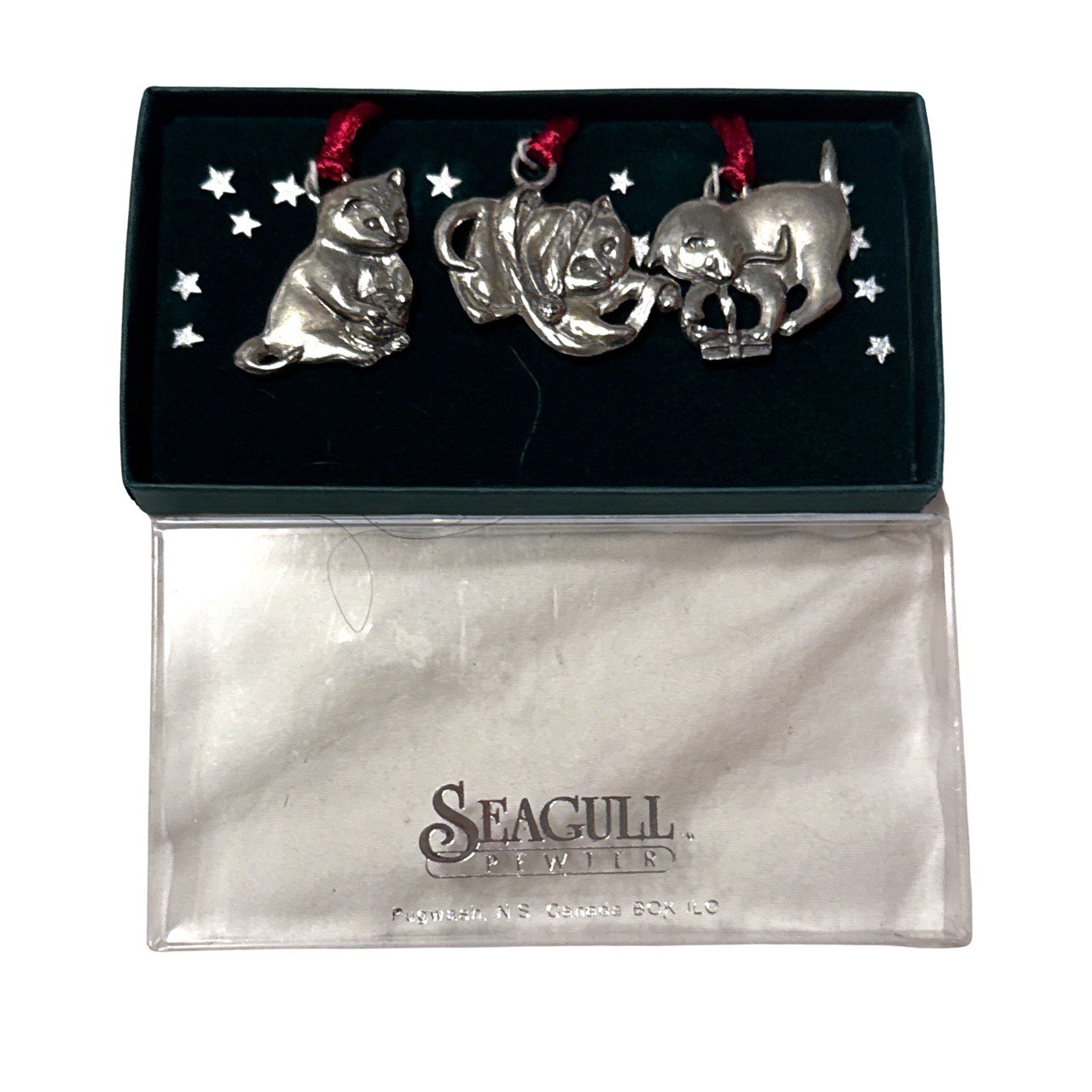 SEAGULL PEWTER Cat Ornaments Set Of 3 Silver New Boxed Christmas Collectible