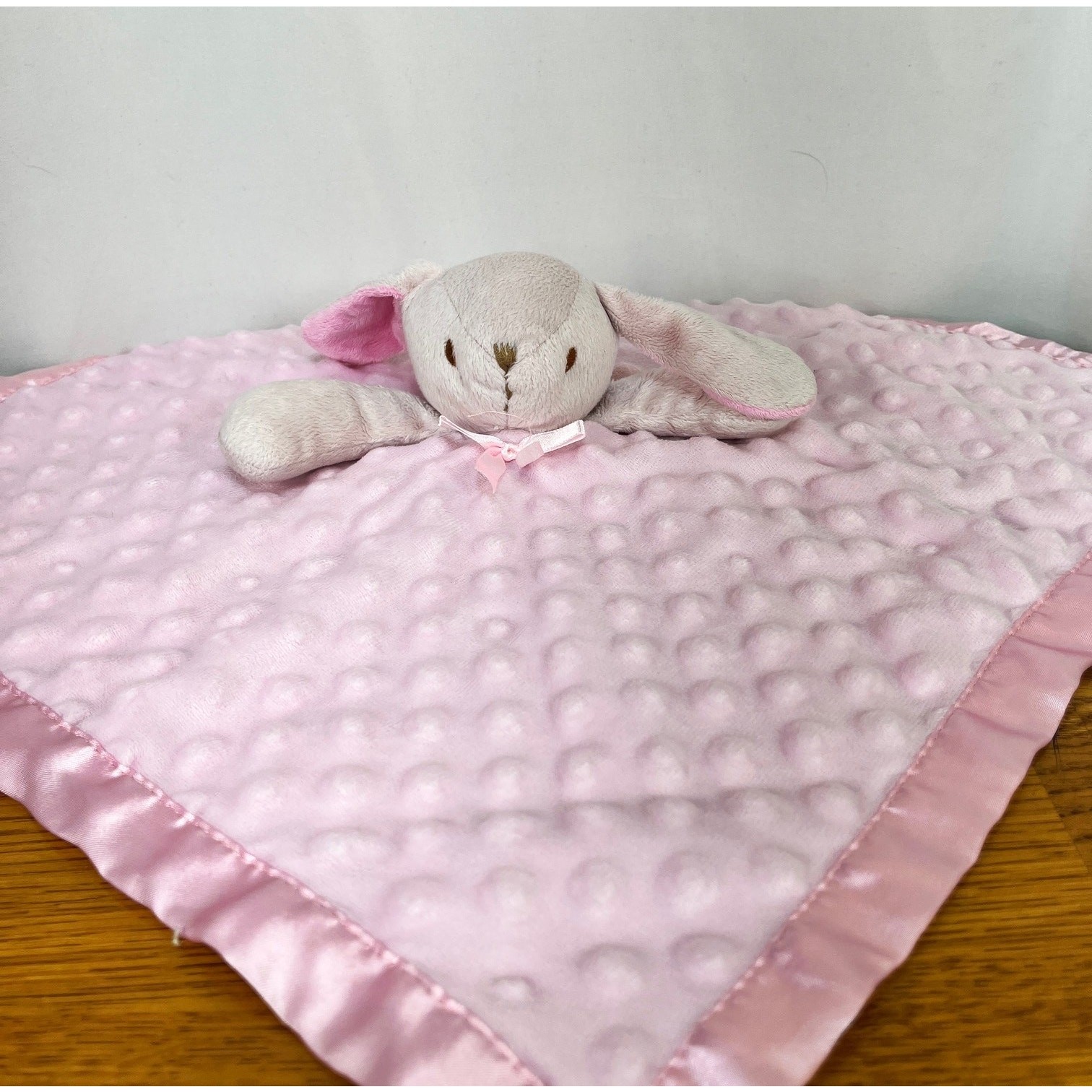 Bunny Rabbit Plush Pink Dot Lovey Blankets and Beyond Satin Edge Textured Minky