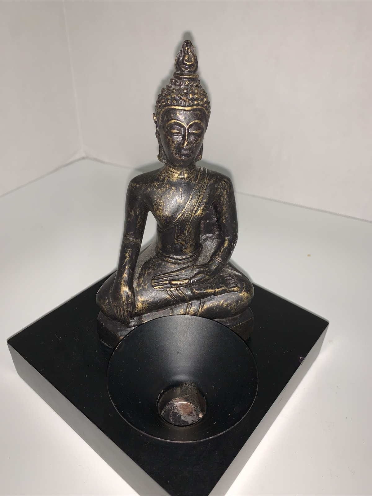 Thai Buddha Monk Candle Holder Shrine Figurine Torre Tagus Black Wood Base 7.5”